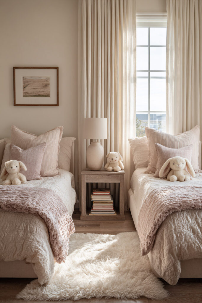 shared little girls bedroom with twin beds, neutral bedding, blush accents, plush bunny toys, and soft natural light