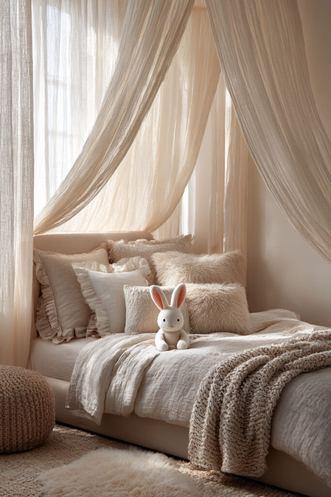 Soft princess-inspired little girls bedroom with canopy bed, neutral pillows, plush bunny toy, and cozy textured bedding.