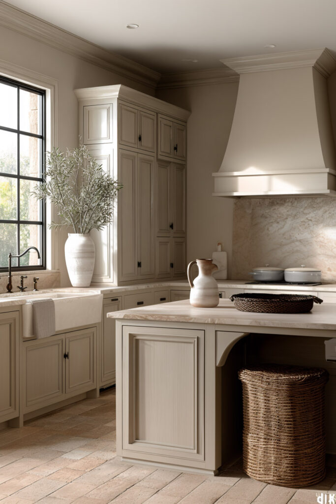 Kitchen with earthy neutral cabinets, marble countertops, farmhouse sink, and sunlight streaming through a large window