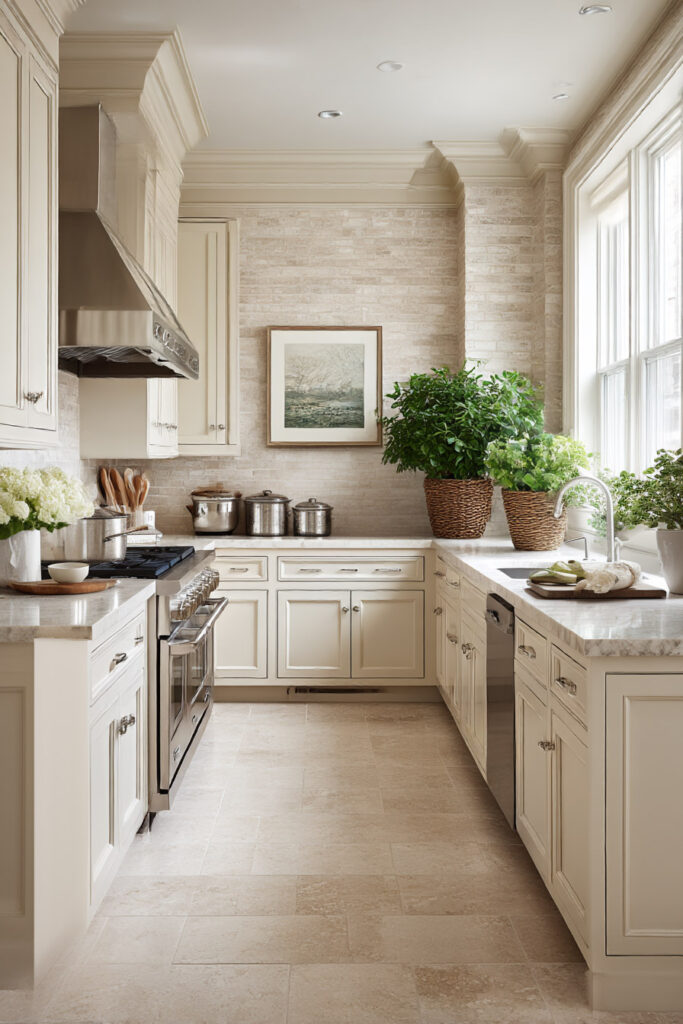 earthy neutral kitchen with cream cabinets, natural stone countertops and backsplash, classic kitchen design with warm tones and soft textures