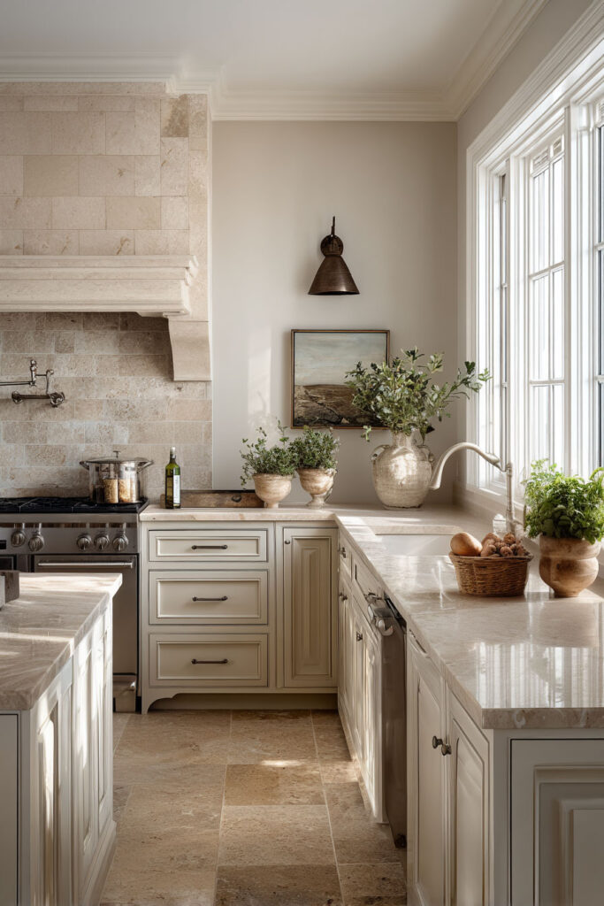 earthy neutral kitchen with cream cabinets stone backsplash and warm natural light in timeless kitchen design