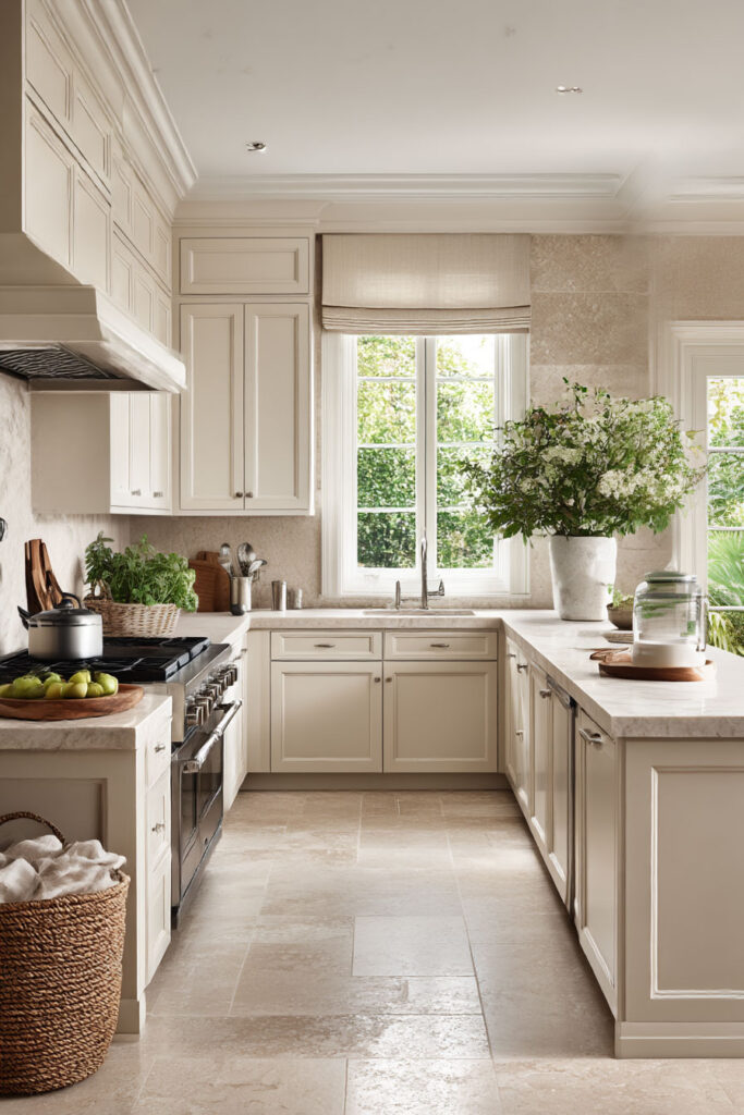 earthy neutral kitchen with cream cabinets natural stone flooring and light countertops classic warm kitchen design with soft tones