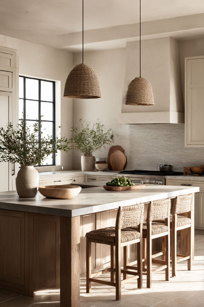 earthy neutral kitchen with wood cabinets, stone island, woven bar stools, and organic modern design with natural light