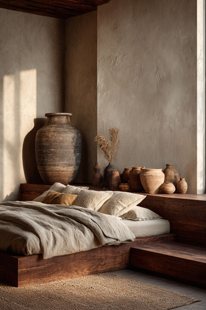 Japandi bedroom with built-in wood platform bed, earthy ceramic vases, neutral linen bedding, and textured plaster wall