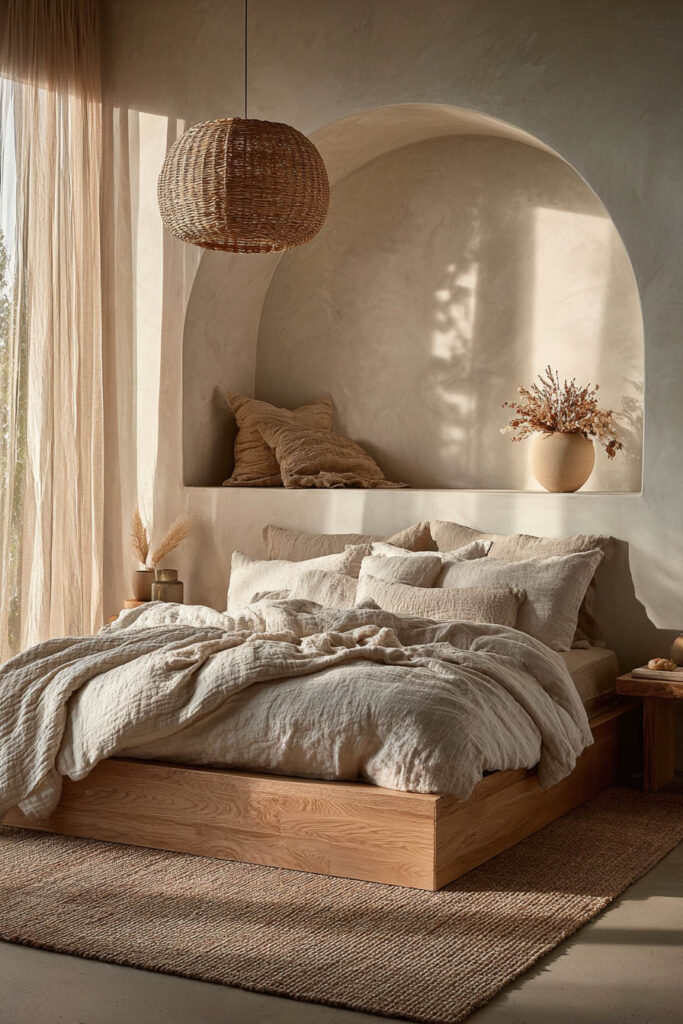 Japandi bedroom with light wood platform bed, arched wall niche, woven pendant light, linen bedding, and soft natural light