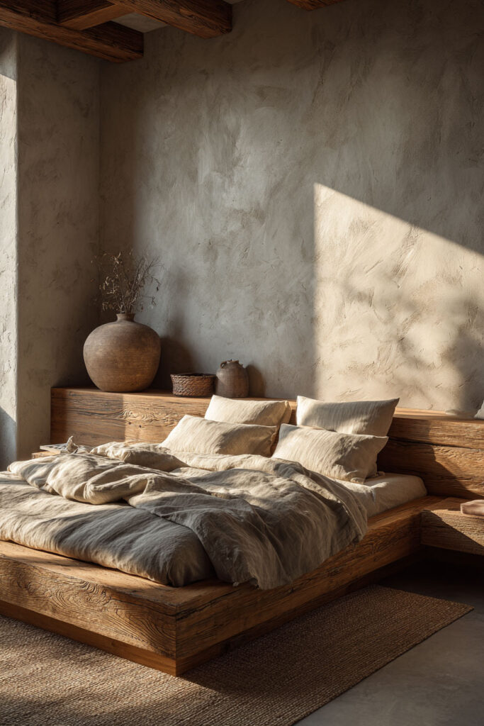 Japandi bedroom with solid wood platform bed, neutral linen bedding, textured plaster walls, and warm natural sunlight