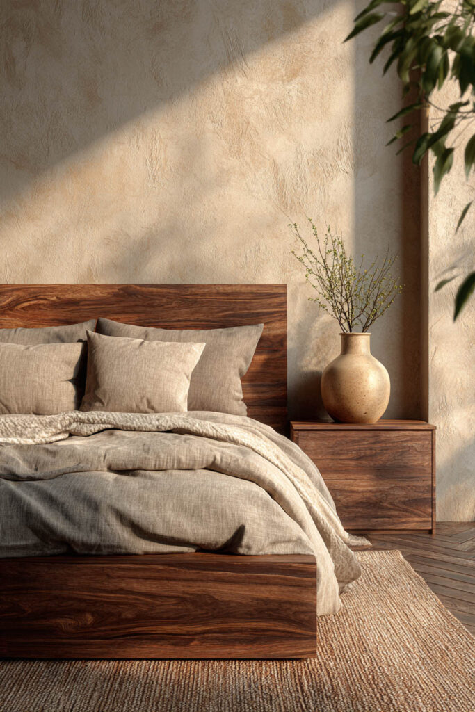 Japandi bedroom with solid wood bed frame, neutral linen bedding, textured wall, woven rug, and ceramic vase decor