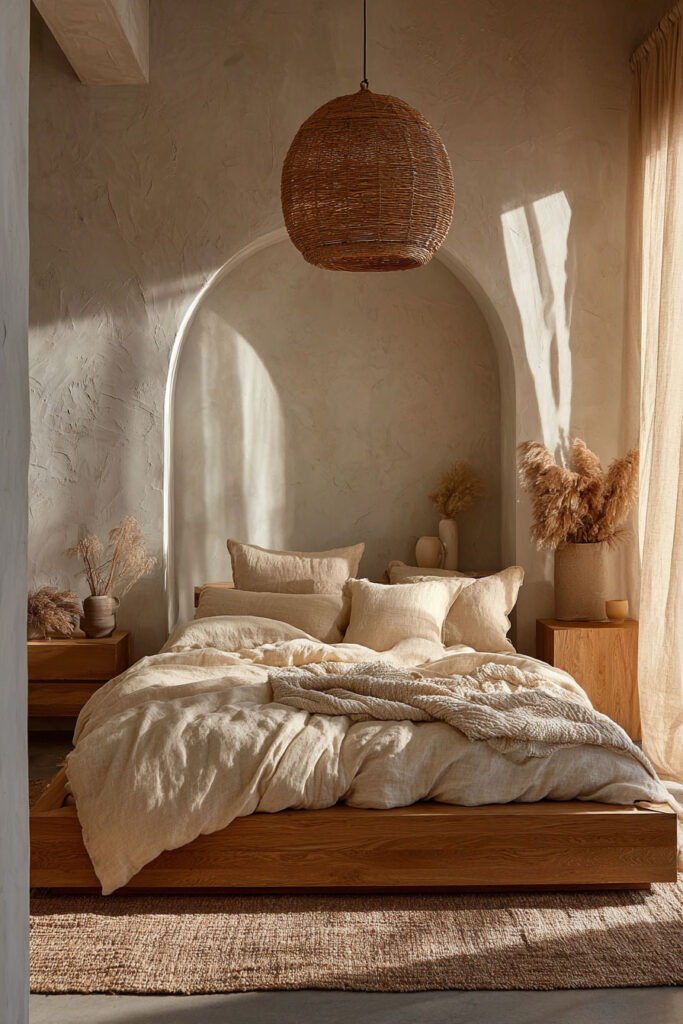 Japandi bedroom with wood platform bed, neutral linen bedding, arched wall niche, woven pendant light, and warm natural tones