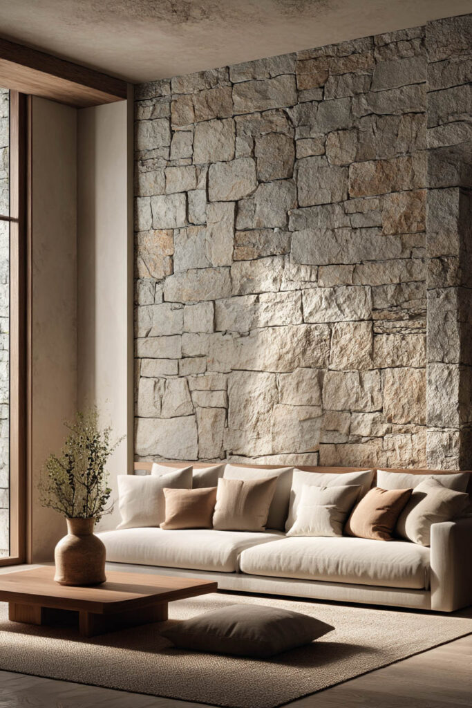 Organic modern living room with large stone accent wall, neutral linen sofa, wood coffee table, and warm earthy textures.
