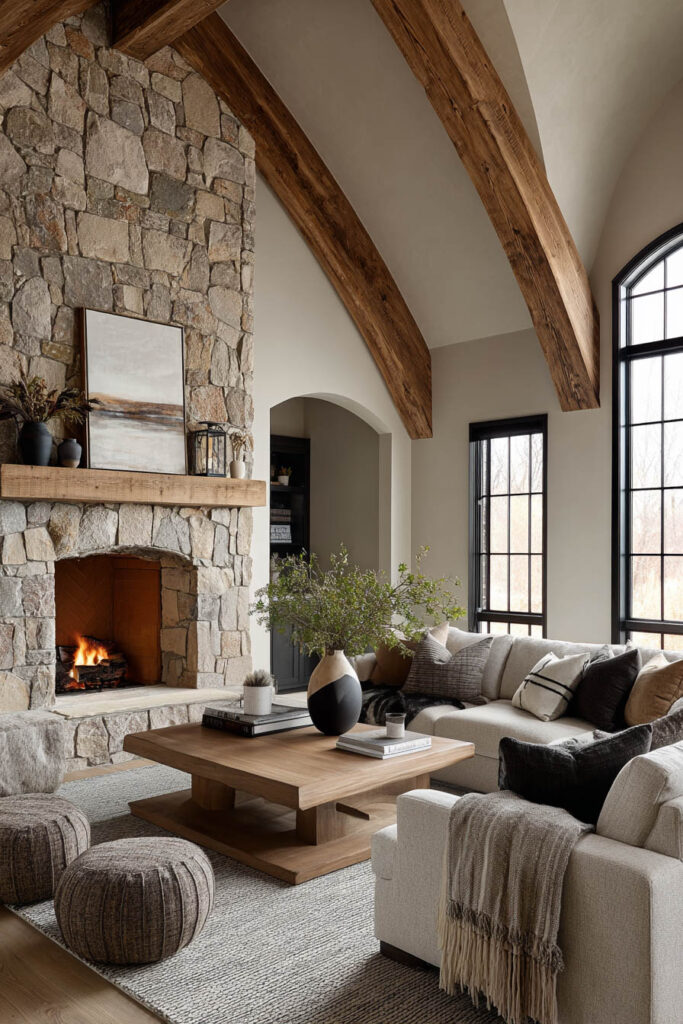 Organic modern living room with stone fireplace, exposed wood ceiling beams, neutral sofa, and layered natural materials decor.