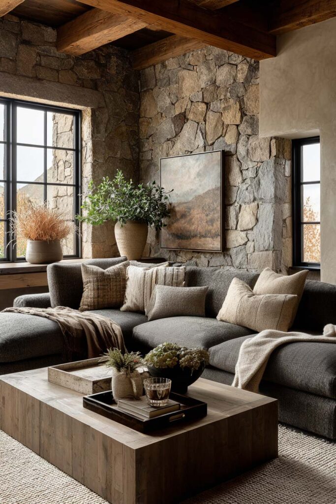 Organic modern living room with natural stone wall, wood beam ceiling, neutral sectional sofa, and layered earthy textures.