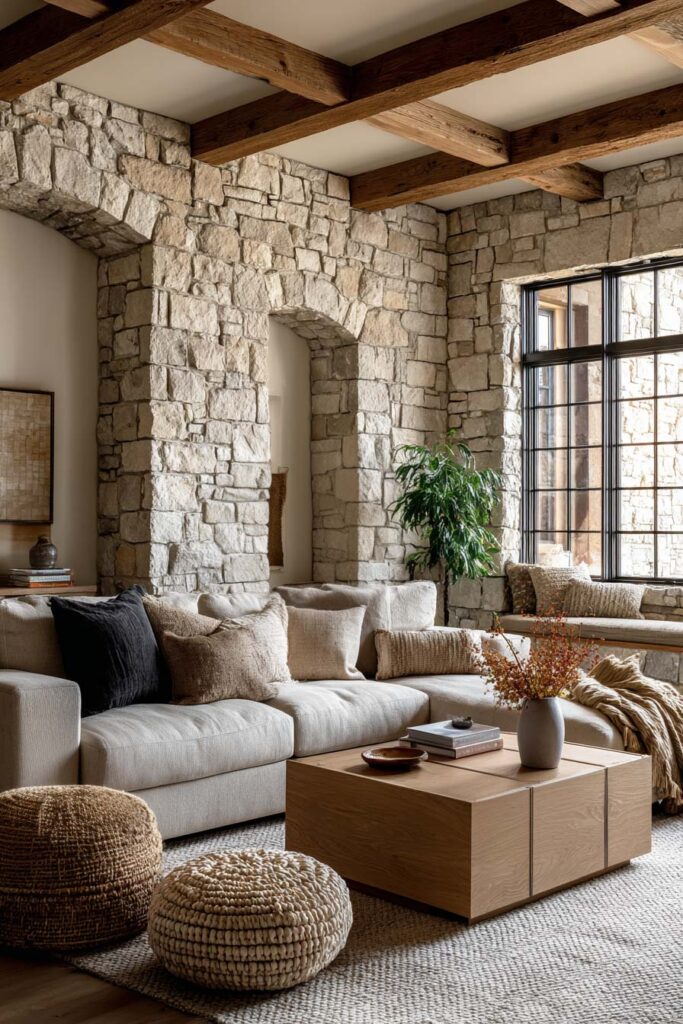 Organic modern living room with stone walls, wood ceiling beams, neutral sectional sofa, and woven natural textures.