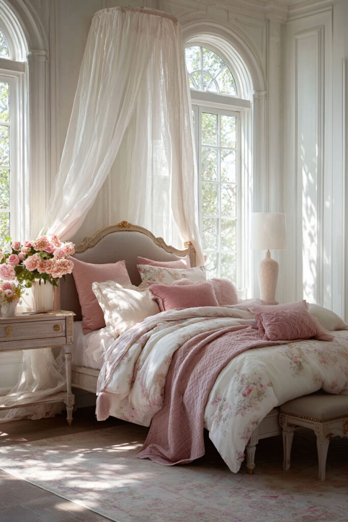 princess inspired little girls bedroom with pink bedding, floral comforter, canopy bed, and large arched windows