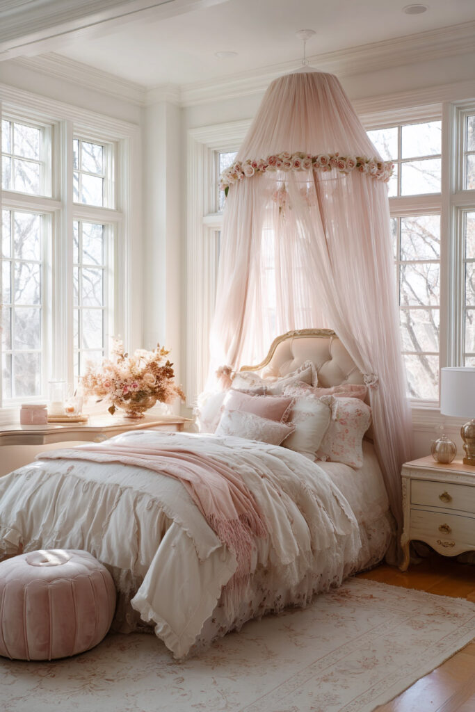 Princess-inspired little girls bedroom with blush canopy bed, floral crown canopy, tufted headboard, and soft pink bedding.