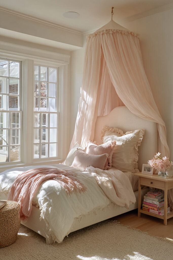 Blush princess-inspired little girls bedroom with soft canopy bed, ruffled pillows, pink throw blanket, and warm natural light from large windows.