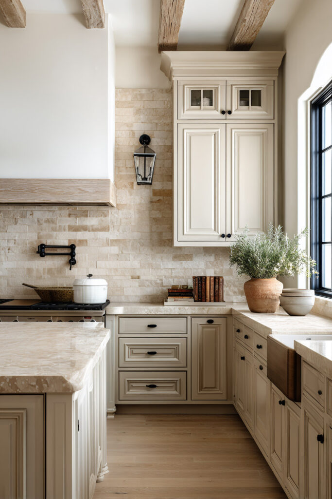 Kitchen with earthy neutral cabinets, marble countertops, textured stone backsplash, and sunlight streaming through a window