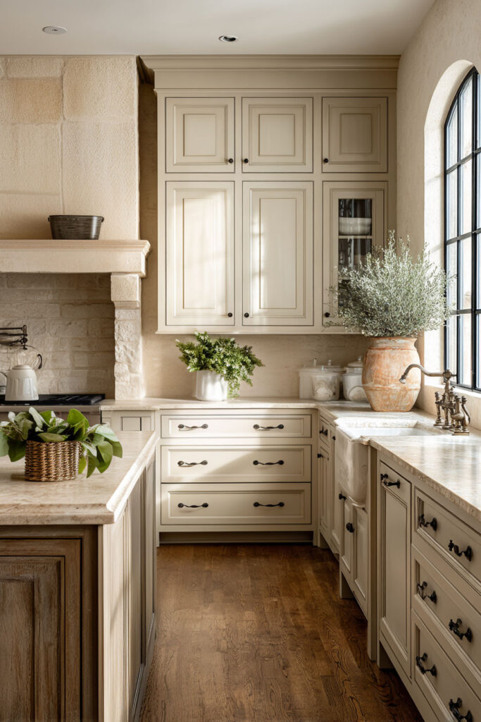 earthy neutral kitchen with cream cabinets warm wood floors and classic farmhouse styling