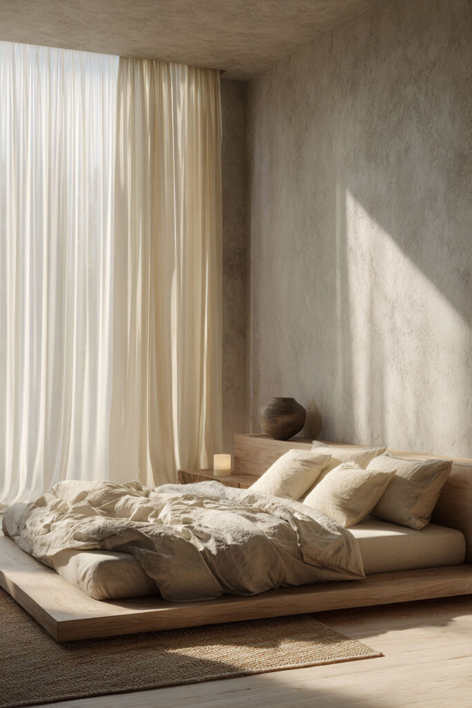 Japandi bedroom with low light wood platform bed, neutral linen bedding, sheer curtains, and textured plaster wall in soft natural light
