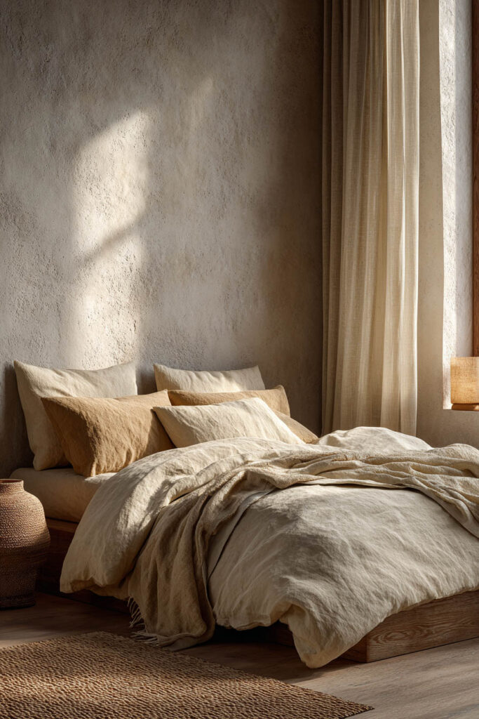 Japandi bedroom with low platform bed, neutral linen bedding, textured wall, sheer curtains, and warm natural light