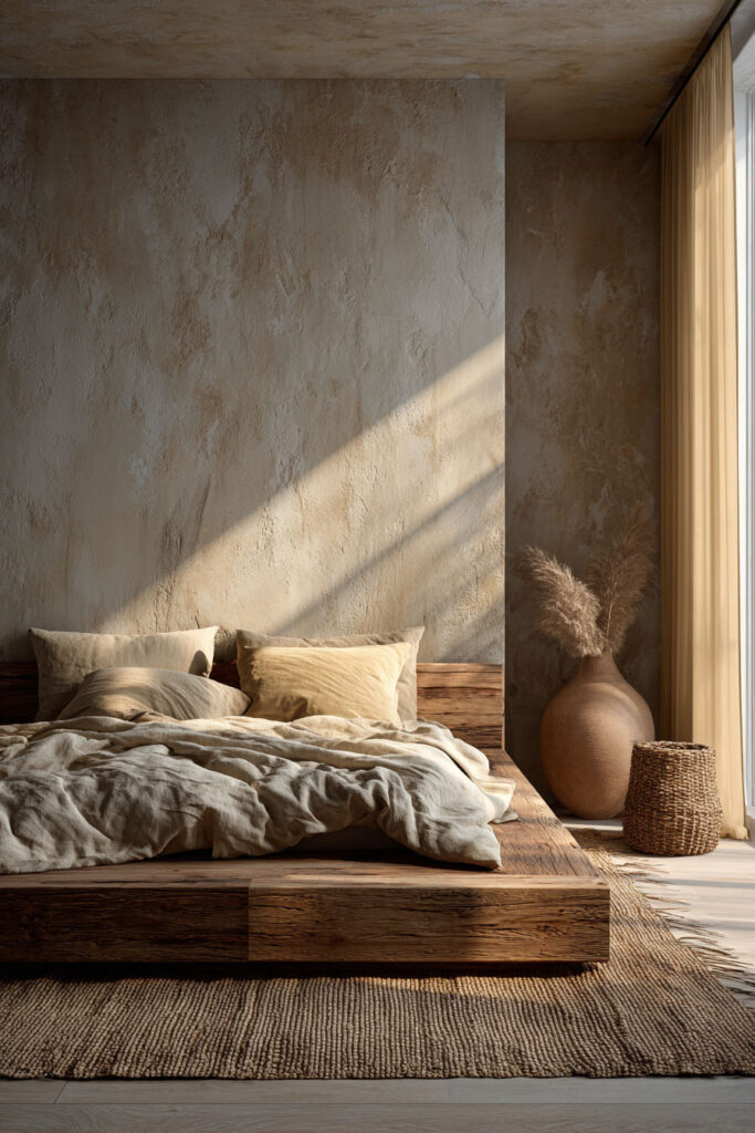 Japandi bedroom with low wood platform bed, earthy linen bedding, textured plaster wall, woven rug, and soft sunlight