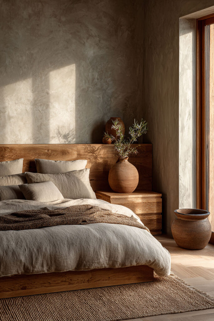 Japandi bedroom with wood platform bed, neutral linen bedding, ceramic decor, and warm natural sunlight on textured walls