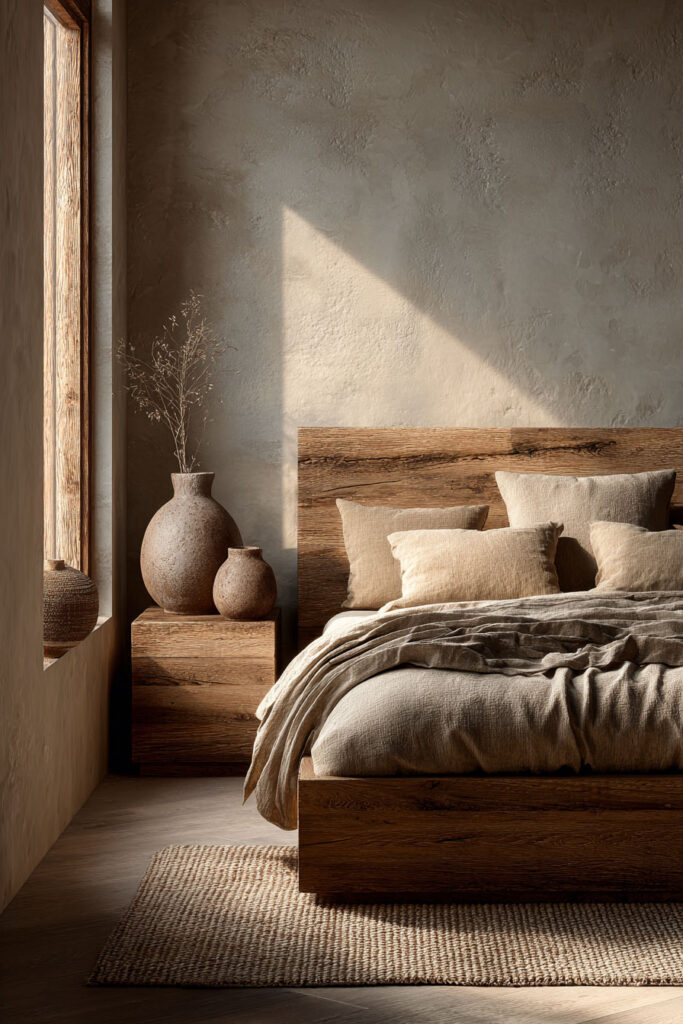 Japandi bedroom with wood platform bed, neutral linen bedding, textured plaster wall, ceramic vases, and warm natural light