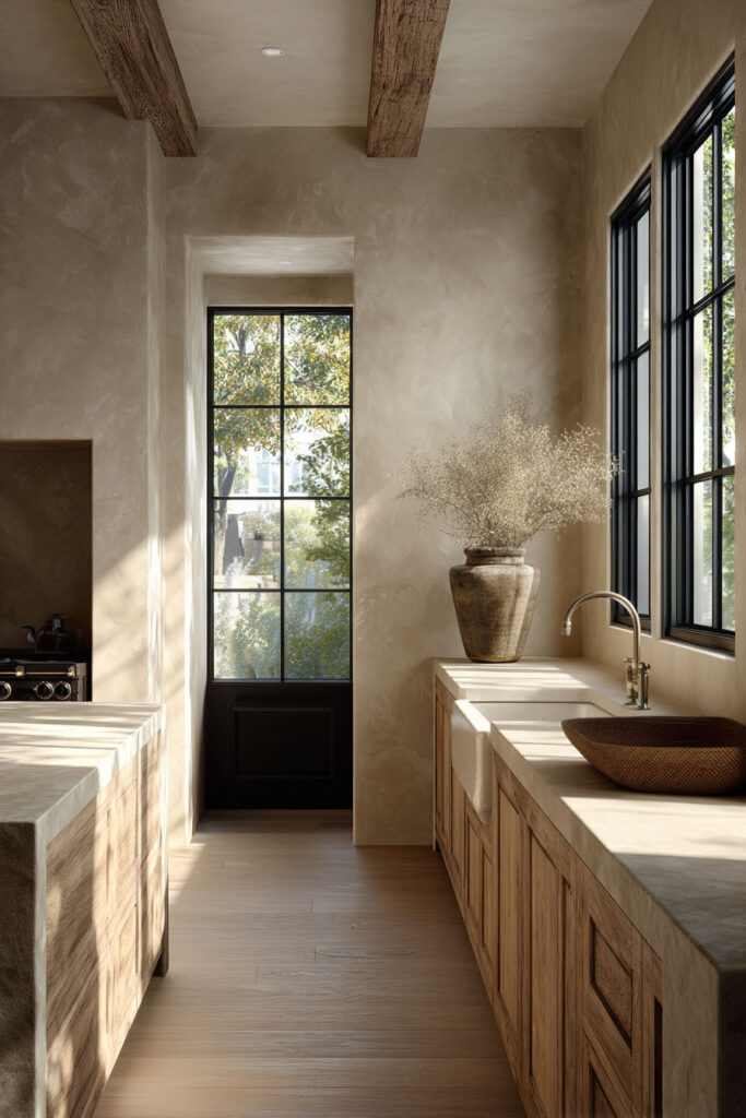 kitchen with plaster walls and warm wood cabinets, organic modern kitchen with textured walls and natural light