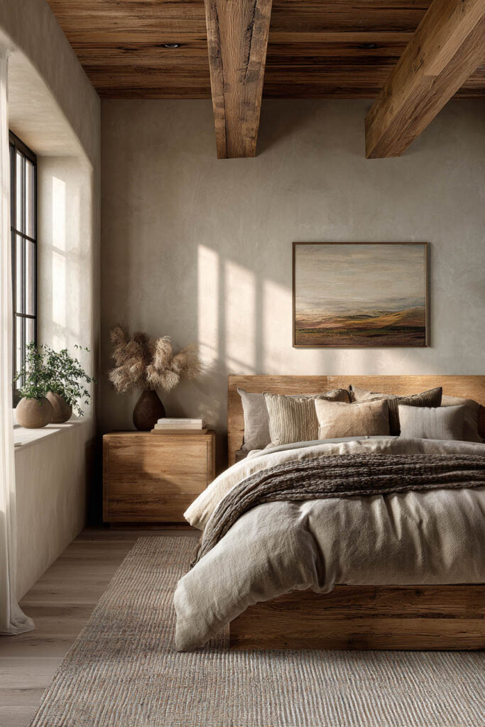 Organic modern bedroom with wood bed frame, neutral linen bedding, exposed wood ceiling beams, and warm earthy decor.