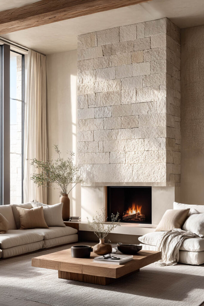 Organic modern living room with a large stone fireplace, neutral sofas, natural wood coffee table, and soft linen textures.