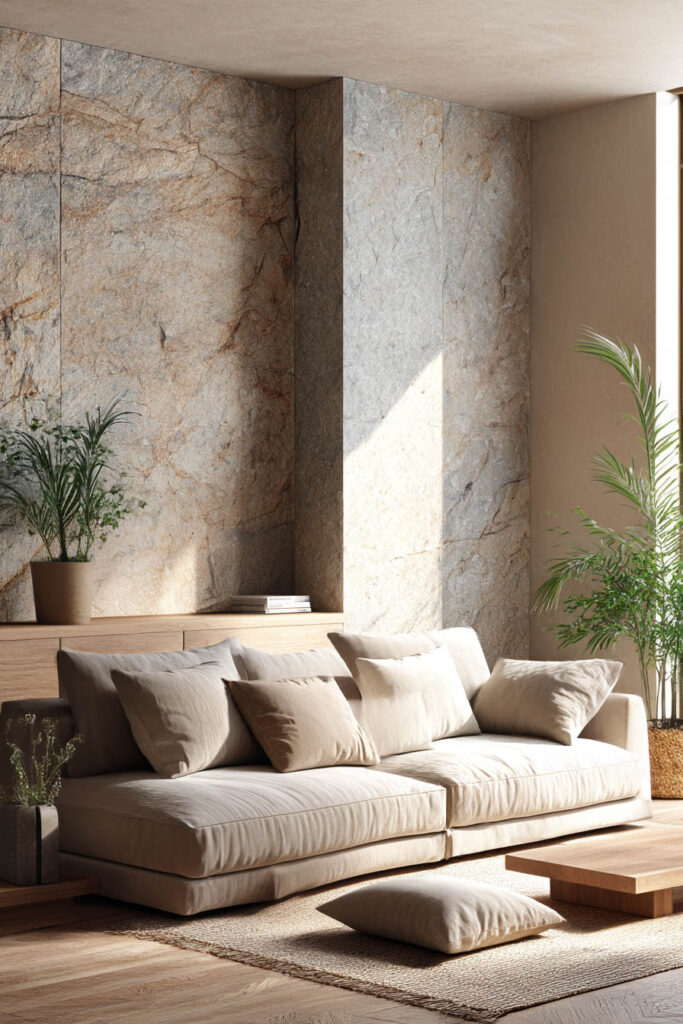Organic modern living room with natural stone wall, neutral linen sofa, wood furniture, and layered natural materials decor.