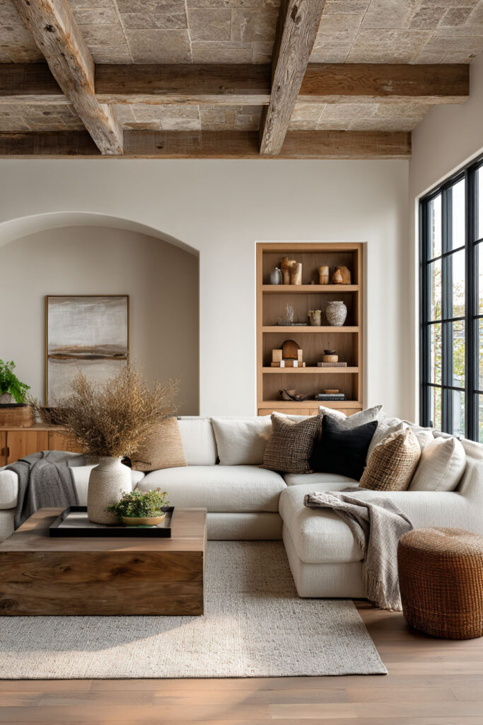 Organic modern living room with exposed wood beams, neutral sectional sofa, wood coffee table, and layered natural textures.