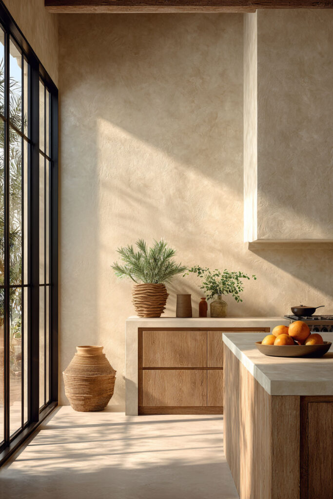 plaster wall kitchen with warm wood cabinets and natural stone countertop, organic modern kitchen with textured walls and earthy tones