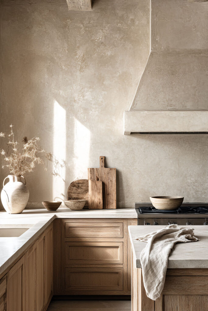 kitchen with plaster walls and warm wood cabinets neutral stone countertops organic modern kitchen with textured walls and natural light