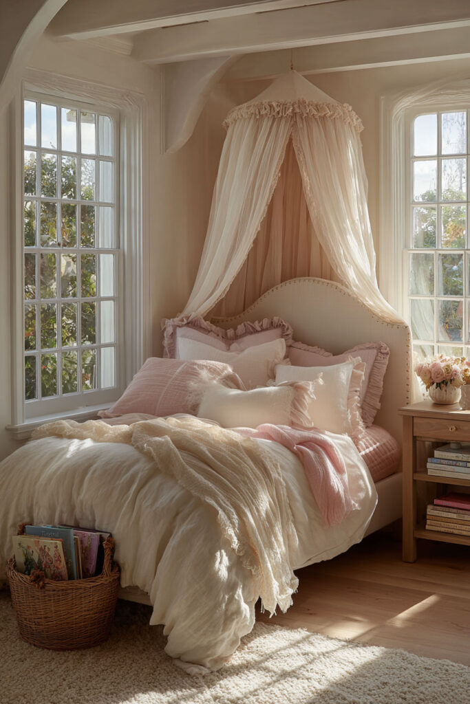 soft princess inspired little girls bedroom with blush canopy bed, ruffled pillows, linen bedding, and natural sunlight