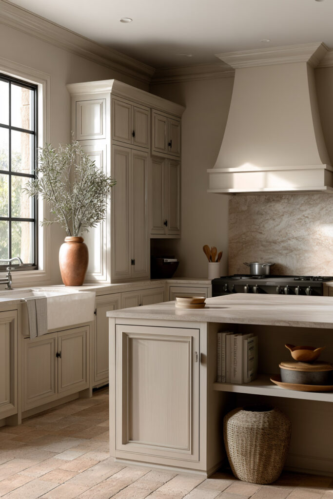 earthy neutral kitchen with classic cabinets stone countertops and warm natural light in timeless design