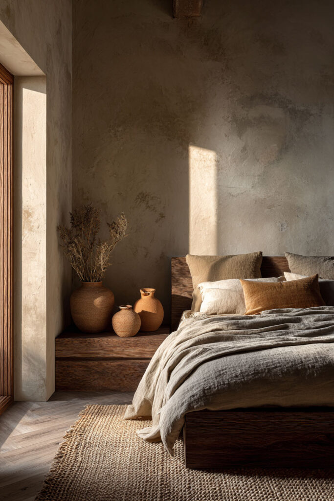 Japandi bedroom with earthy linen bedding, low wood bed frame, textured wall, ceramic vases, and warm natural light