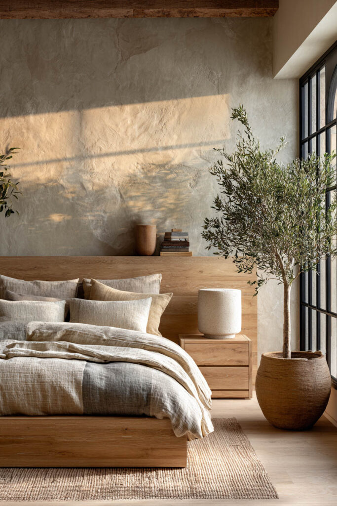 Japandi bedroom with light wood platform bed, neutral linen bedding, olive tree, and soft natural light on textured plaster walls