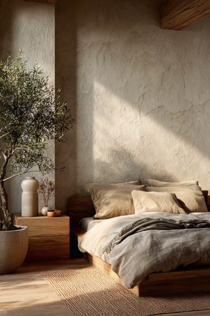 Japandi bedroom with low wood platform bed, olive tree, textured plaster wall, neutral linen bedding, and warm natural sunlight