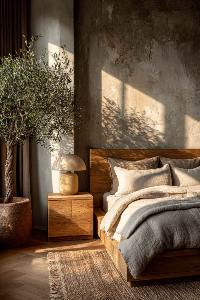 Japandi bedroom with wood bed frame, neutral linen bedding, olive tree, textured plaster wall, and warm natural sunlight