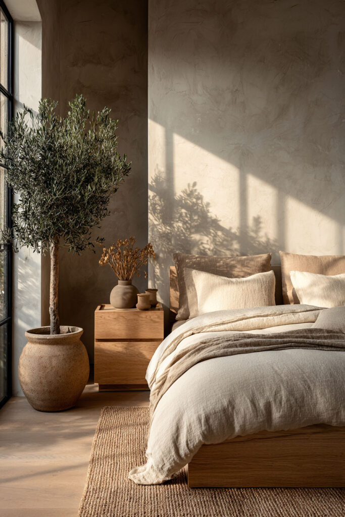 Japandi bedroom with wood bed frame, neutral linen bedding, olive tree, plaster wall, and warm natural sunlight