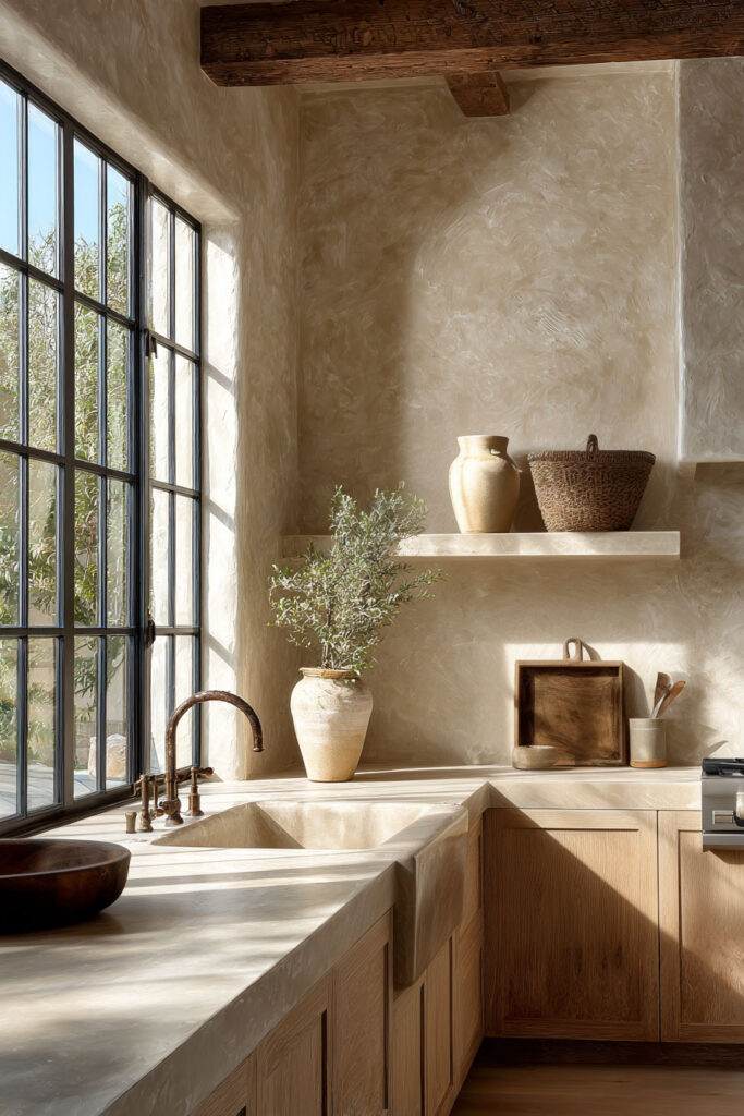 kitchen with limewash walls, warm wood cabinets, and natural stone countertops, organic modern kitchen with textured neutral walls