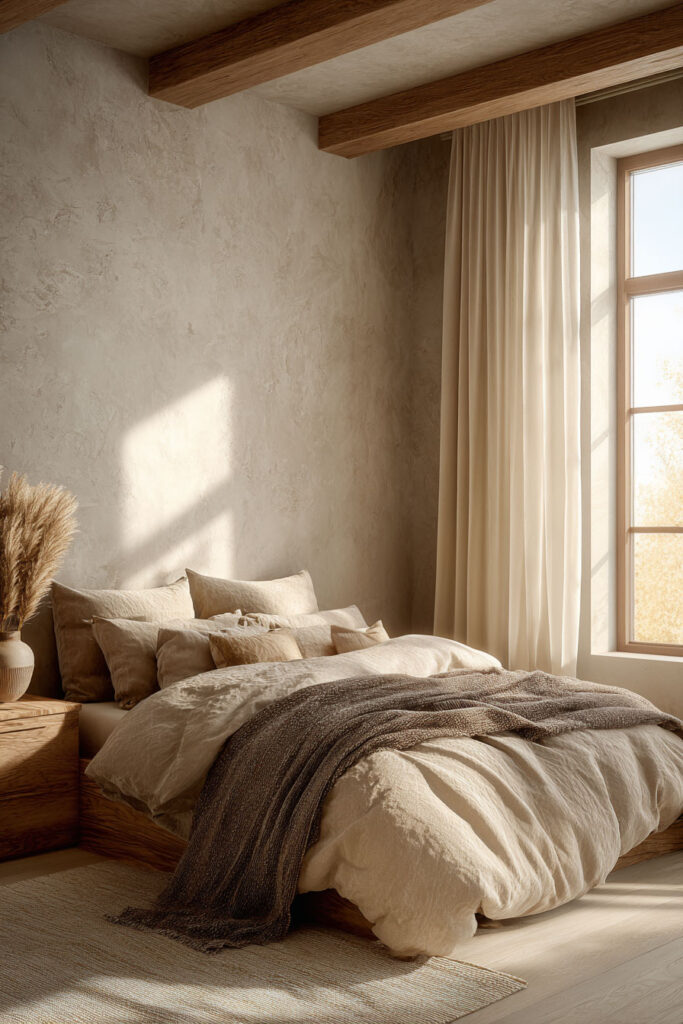 Organic modern bedroom with wood ceiling beams, plaster walls, neutral linen bedding, and warm natural materials decor.