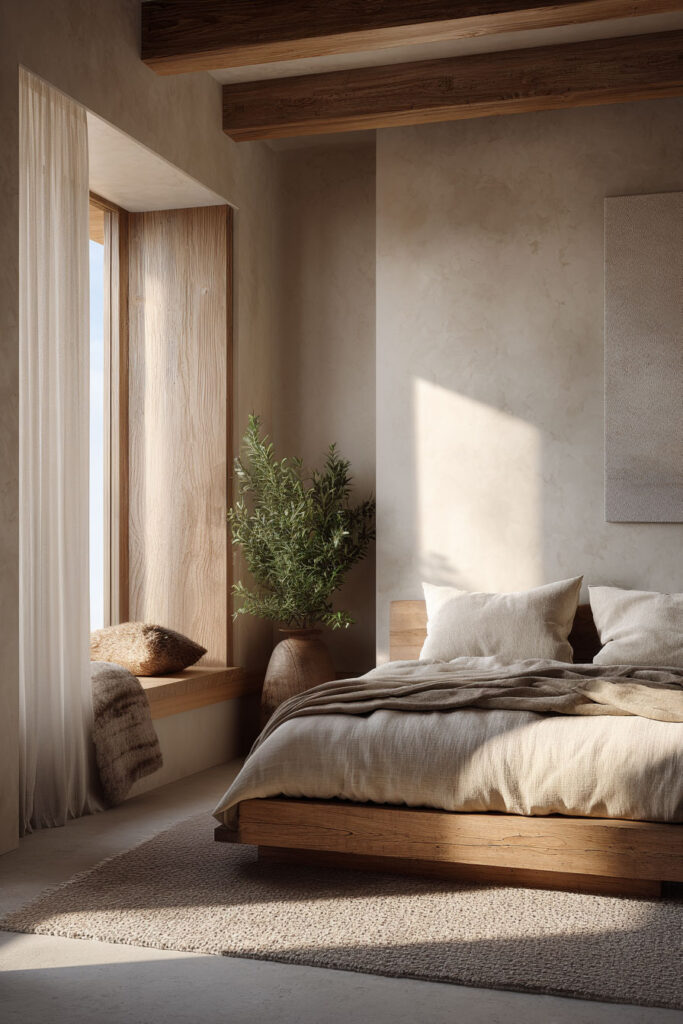 Organic modern bedroom with wood platform bed, neutral bedding, plaster walls, and warm natural materials decor.