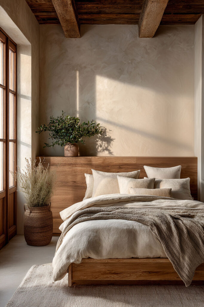 Organic modern bedroom with a natural wood bed frame, linen bedding, plaster walls, and warm wood ceiling beams.