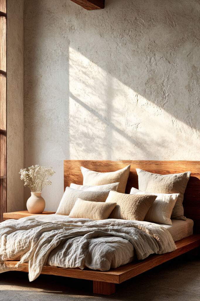Organic modern bedroom with wood platform bed, neutral linen bedding, textured plaster wall, and soft natural sunlight.
