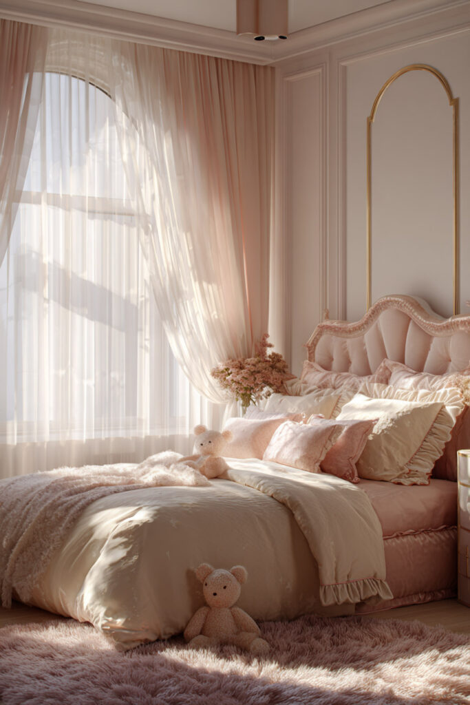 Pink princess-inspired little girls bedroom with ornate headboard, blush bedding, soft pillows, and warm sunlight through sheer curtains.