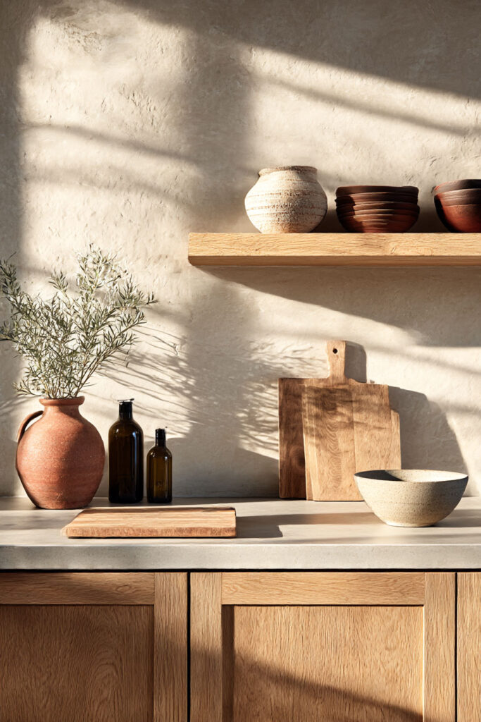 Kitchen with textured plaster walls, open wood shelves, and sunlight casting shadows over natural wood cabinets