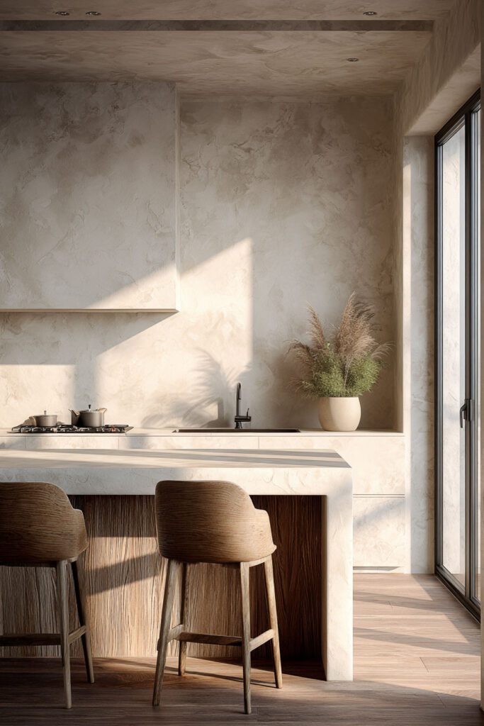 plaster wall kitchen with natural stone countertops and wood accents, organic modern kitchen with soft neutral tones and minimal design