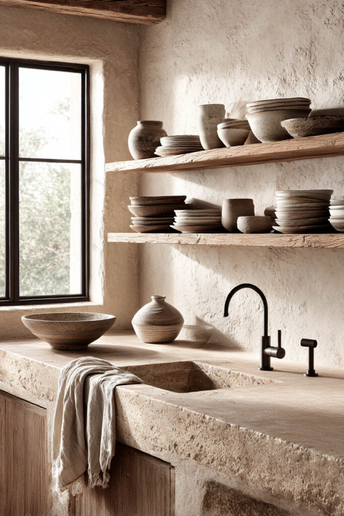 rustic kitchen with plaster walls stone sink open wood shelving and ceramic dishes organic modern kitchen with natural textures