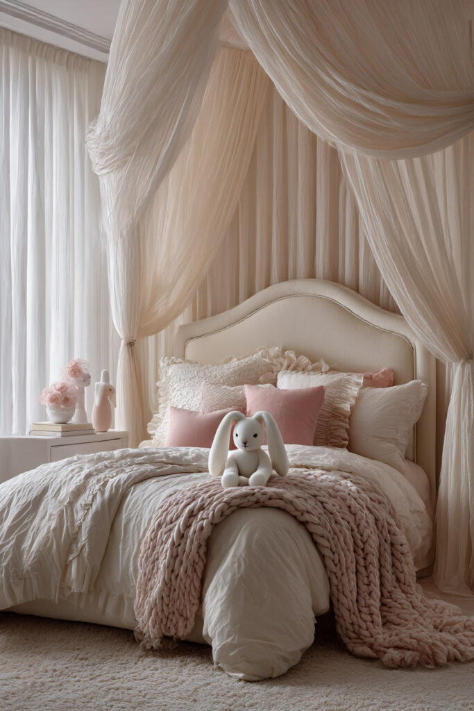 soft princess little girls bedroom with draped canopy bed, blush pillows, ruffled bedding, and bunny decor